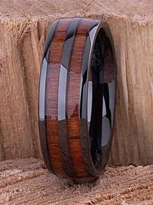 1pc Fashion 8mm Men Black Color Stainless Steel Wedding Rings For Men Women Dome Polished Koa Wood Inlay Stainless Steel Rings Men Wedding Band Jewelry - Multicolor - View 2