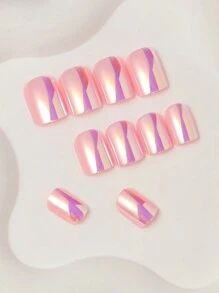VV MEI JIA ER 24片装短方形按压式美甲贴片 - 金属铬粉色假指甲 | 朋克金属铬涂层短款可重复使用假指甲，12种尺寸 - 美甲套装，女士和女孩礼物，包含1卷美甲胶带和1个指甲锉 - 粉色 - 查看 7