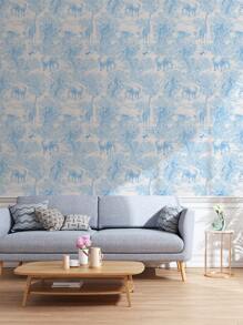 1張藍色藝術牆壁背景牆紙,戶外風景牆紙深林大象長頸鹿動物牆紙,家居裝飾牆紙 - 藍色 - 查看 6