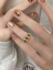 Gold-Plated Ring Women Open Adjustable Filigree Inlaid Burnt Blue Ring Braided Style - Gold - View 5