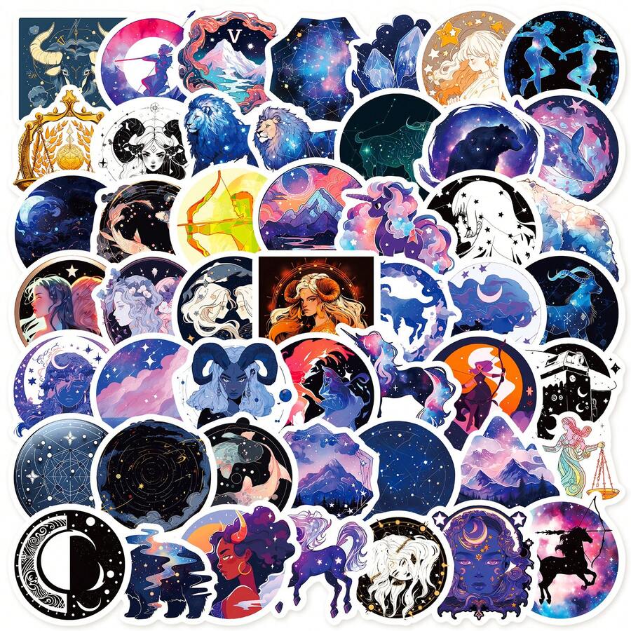 50入組生肖動物貼紙和創意水瓶座星座及天文貼紙(適用於筆記型電腦、行李箱、吉他、青少年、成人)