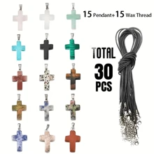30pcs Cross Stone Pendants Natural & Healing Chakra Crystal Charms&Black Leather Necklace Chain Jewelry For Men And Women - Multicolor - View 8