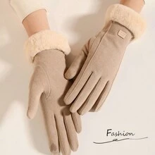 1 Pair Thick And Warm Plush Leather Gloves For Teenagers, Windproof And Touch Screen Winter Outdoor Gloves For Keeping Hands Warm While Cycling - Beige - View 2