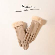 1 Pair Thick And Warm Plush Leather Gloves For Teenagers, Windproof And Touch Screen Winter Outdoor Gloves For Keeping Hands Warm While Cycling - Beige - View 4