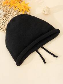 1pc Women's Black Knitted Beanie With Double-layer Brim & Adjustable Drawstring, Suitable For Daily Wear In Winter - Black - View 2