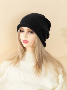 1pc Women's Black Knitted Beanie With Double-layer Brim & Adjustable Drawstring, Suitable For Daily Wear In Winter - Black - View 1