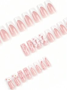 指尖的魅力與誘惑造型24片短款方形時尚簡約法式邊立體小花珍珠水晶蝴蝶結綁帶美甲穿戴甲、假指甲片、手指甲套裝,適合學生、辦公室女士、派對、舞會、日常佩戴 - 彩色 - 查看 3