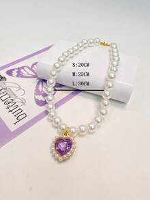 Heart Shaped Pearl Necklace - Purple - View 3