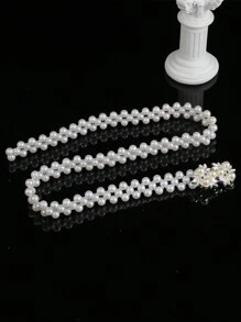 1 Stück verstellbarer Länge elastischer Gürtel mit 3 Reihen Kunstperlen, Frauengürtel mit Strass-Verzierung, Schnalle aus Silberlegierung, Dekorationsgürtel für Kleider, Halloween