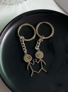 1 套 2 个男女通用趣味火柴人心形钥匙扣，适合闺蜜/情侣的可爱新奇礼物，包包挂饰汽车配件背包，适合学校哥特风 Y2k - 銀色 - 查看 2