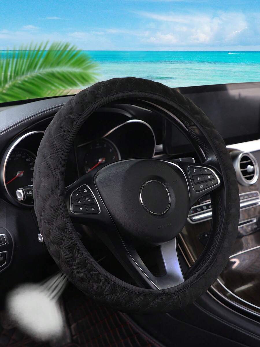 1入組冰絲布透氣吸汗柔軟汽車方向盤套,無內環,女性汽車內飾 - 黑色 - 查看 1