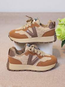 1對女孩和男孩穿著舒適的溫暖絨毛鞋,圓頭,平底,防滑,休閒,運動鞋具有色彩碰撞設計 - 卡其色 - 查看 8