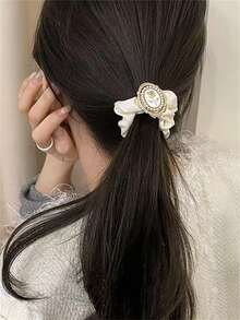 2pcs Ladies' New Style Pearl & Rose Flower Hair Bands With High-end Leather Elastic Rope And Floral Head Decor - Black and White - View 4