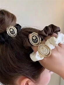 2pcs Ladies' New Style Pearl & Rose Flower Hair Bands With High-end Leather Elastic Rope And Floral Head Decor - Black and White - View 2
