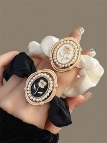 2pcs Ladies' New Style Pearl & Rose Flower Hair Bands With High-end Leather Elastic Rope And Floral Head Decor - Black and White - View 1
