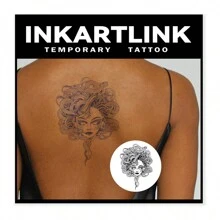 Inkartlink 1 件 12*17 公分美杜莎草藥汁紋身貼紙，魔法紋身，15 天紋身，半永久紋身，逼真假紋身，持久 1-2 週。 - 黑色 - 查看 2