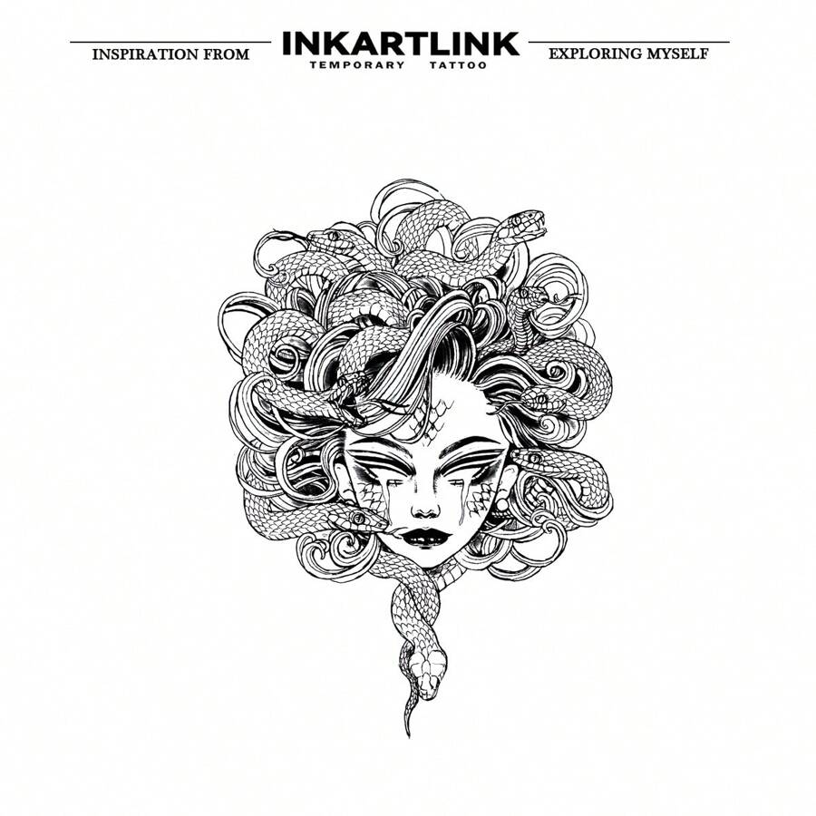 Inkartlink 1 件 12*17 公分美杜莎草藥汁紋身貼紙,魔法紋身,15 天紋身,半永久紋身,逼真假紋身,持久 1-2 週。 - 黑色 - 查看 1