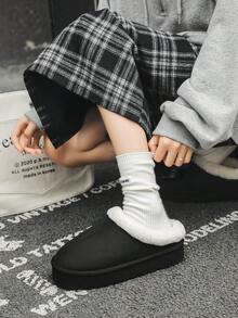 女秋冬純色蓬鬆毛絨內襯一腳蹬閉趾耐磨厚底毛絨保暖舒適家居拖鞋 - 黑與白 - 查看 5