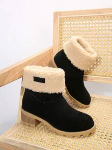 雪地中筒粗跟靴,可兩種穿法,大尺碼,羊毛內襯保暖且容易搭配 - 黑色 - 查看 6