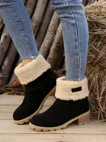 雪地中筒粗跟靴,可兩種穿法,大尺碼,羊毛內襯保暖且容易搭配 - 黑色 - 查看 1
