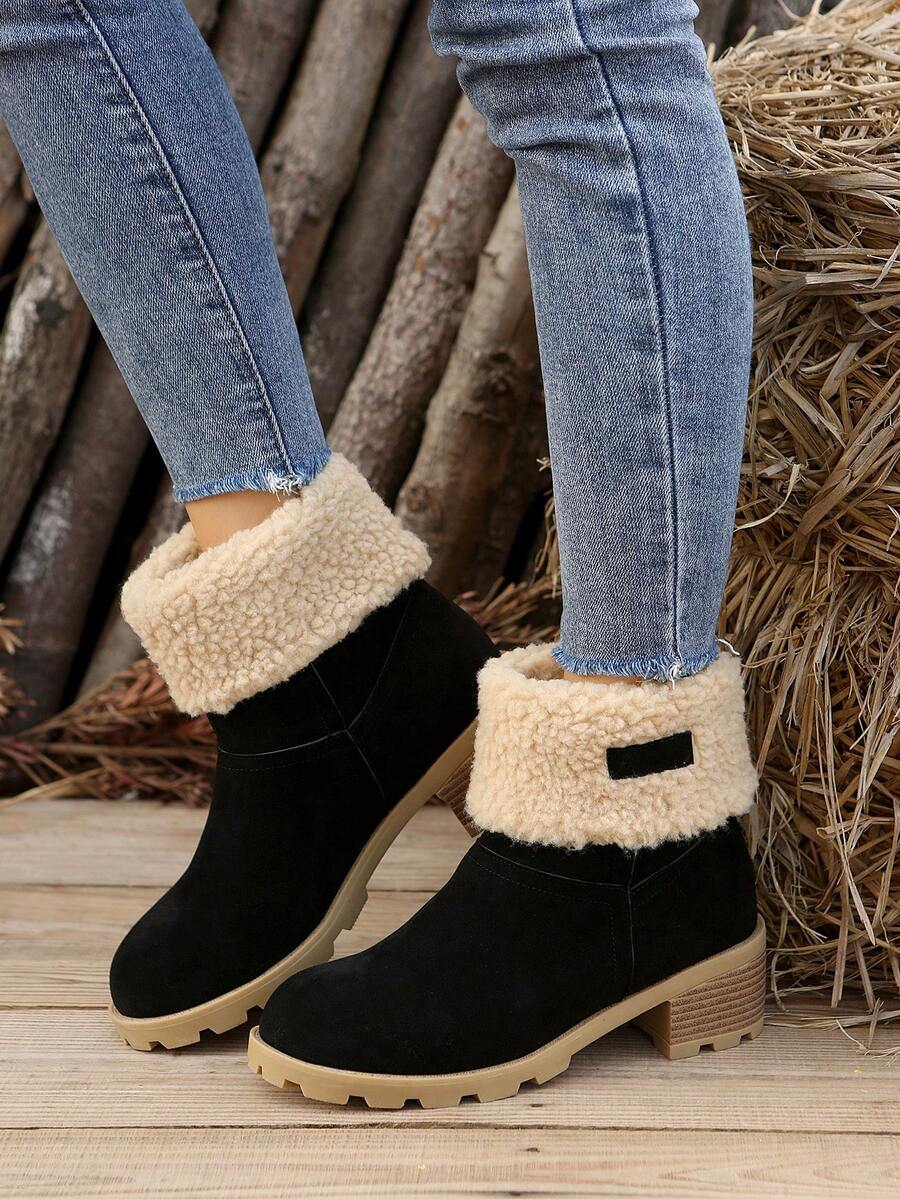 雪地中筒粗跟靴,可兩種穿法,大尺碼,羊毛內襯保暖且容易搭配 - 黑色 - 查看 1