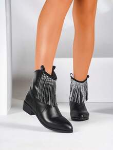 歐美風格聖誕節女短靴,尖頭設計,銀色亮片裝飾,適合鄉村風格、舞台表演或時尚秀,帶有流蘇細節 - 黑色 - 查看 2