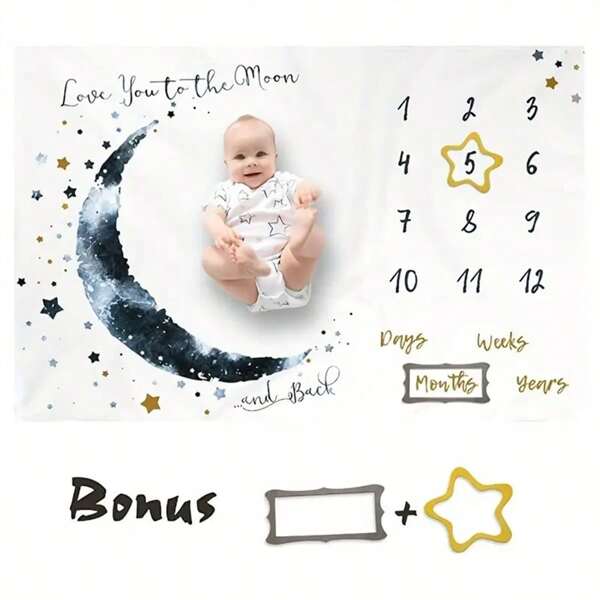 1pc Star & Moon Design Polyester Newborn Baby Photo Background Blanket, For Boys Baby Shower Family Decorations Giftsbaby Shower Easter Gift Sthings For Girls/Boys