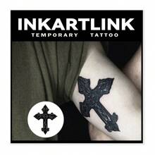 Inkartlink 10*12cm 1pc Cross Shape Herbal Juice Temporary Tattoo Sticker - Magic Tattoo Lasting 15 Days, Semi-permanent, Realistic And Long Lasting For 1-2 Weeks - Black - View 1