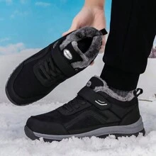 男士冬季加厚保暖户外运动鞋，保暖内衬，厚底，圆头，宽头，减震，可调节绑带，老年人步行鞋 - 黑色 - 查看 4