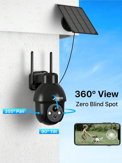 ANRAN Security Camera Outdoor Solar Wireless 360° View, Slimme Siren, Spotlights, 3MP Night Vision, AI Human Detection, Way Talk, Compatible Alexa, Q3 Zwart view 3