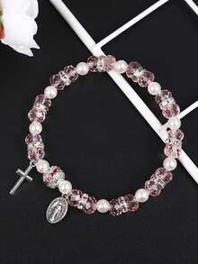 1入粉色水晶玻璃珍珠手鍊,十字珠手鍊,現代極簡手鍊