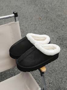 女秋冬純色蓬鬆毛絨內襯一腳蹬閉趾耐磨厚底毛絨保暖舒適家居拖鞋 - 黑與白 - 查看 10