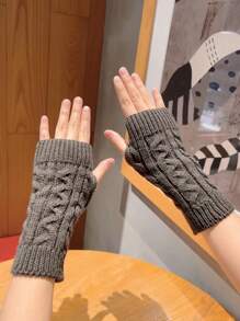 1双女士保暖灰色露指针织打字手套，秋冬季 - 深灰色 - 查看 2