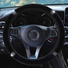 汽車水晶鑽石+毛絨彈性方向盤套無內圈 - 黑色 - 查看 3