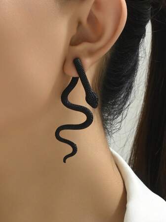 1 Pair Black Snake Pattern Punk Style Vintage Earrings, Sophisticated, Fun, Creative, Suitable For Friends, Valentine's Gift, Rave, Y2K, Halloween