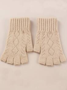 1双女士钻石镂空时尚百搭针织露指手套，保暖防风，适合秋冬季 - 米色 - 查看 5