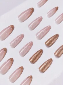 用24入組杏仁形壓克力假指甲，金色法式尖和雪花印花設計升級你的造型，適用於秋季和聖誕節，提供假指甲指甲補給 - 金色 - 查看 3