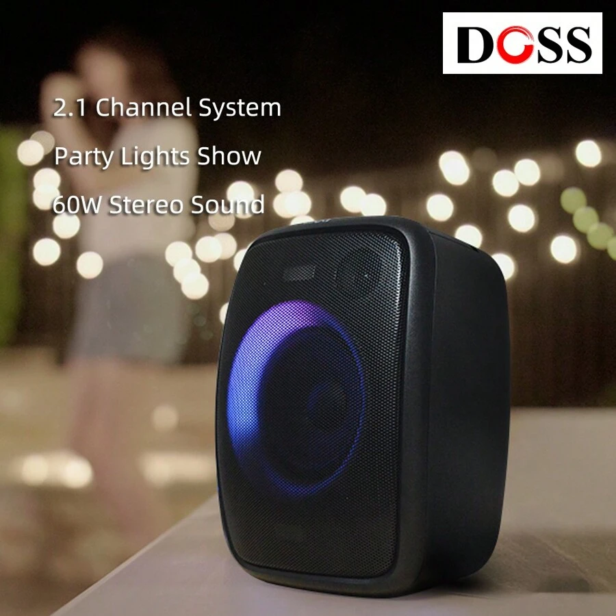 DOSS PartyBoom Loud Bluetooth Speaker with 60W Powerful Stereo Sound and Punchy Bass, Mixed Colors Lights, Splash Proof Design, PartySync, Mic and Guitar Inputs, Outdoor Speaker for Beach and Poolside Party - Black - View 1