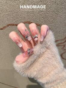 GIRL PLUS Girlplus 10個手工製作的假指甲,長形棺材造型,星形蝴蝶結薄亮片貓眼指甲設計,時尚指甲套裝,適合女士和女孩日常穿著 - 粉色 - 查看 3