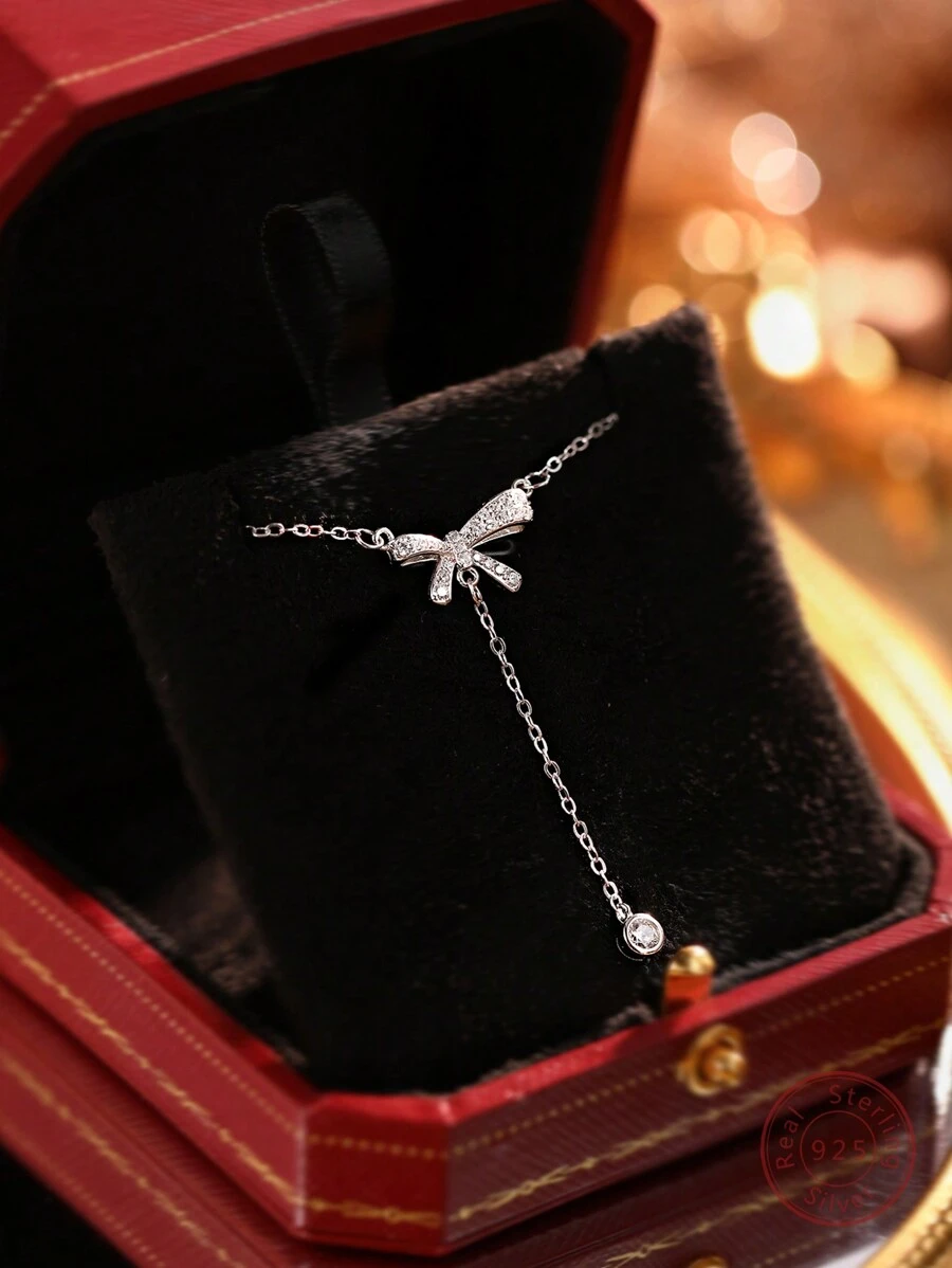 1 件高級禮盒裝蝴蝶形 S925 銀流蘇設計閃閃發光的寶石鑲嵌項鍊,非常適合女士日常佩戴,送給女朋友的禮物、週年紀念日、節日慶典