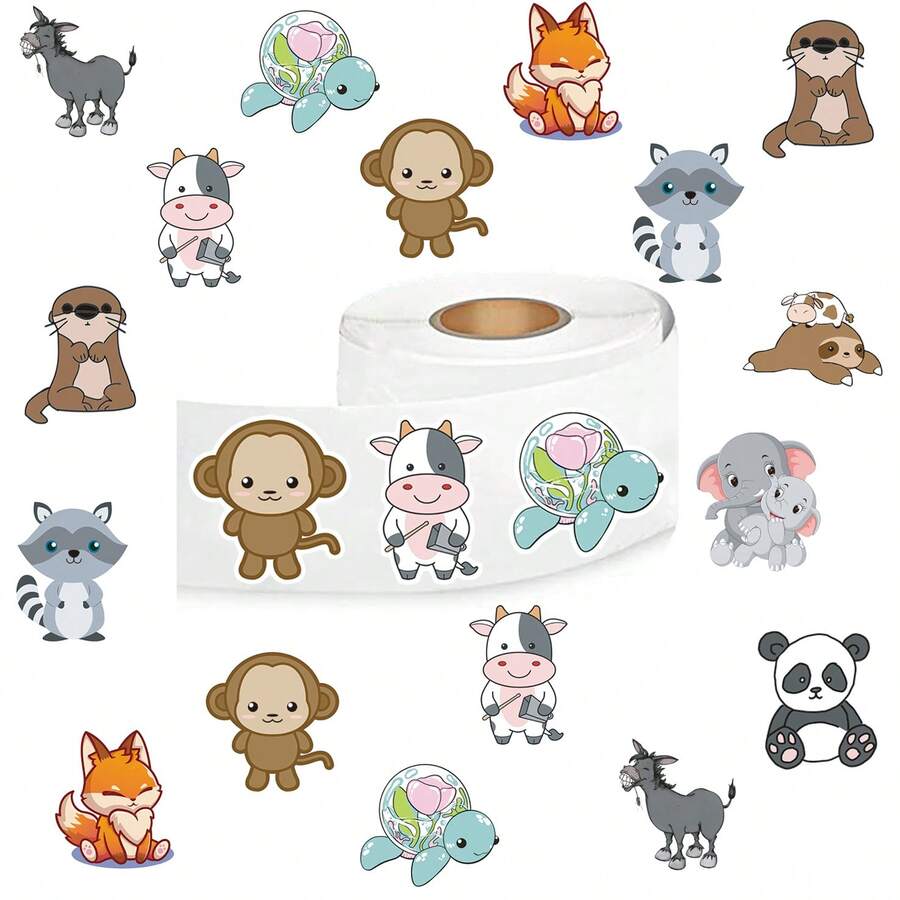 500張/捲可愛的卡通動物貼紙,富有美感的1英寸標籤貼紙捲有10種不同的設計,自粘式密封文具卡信封,兒童禮物青少年派對裝飾,獎勵鼓勵激勵 - 彩色 - 查看 1