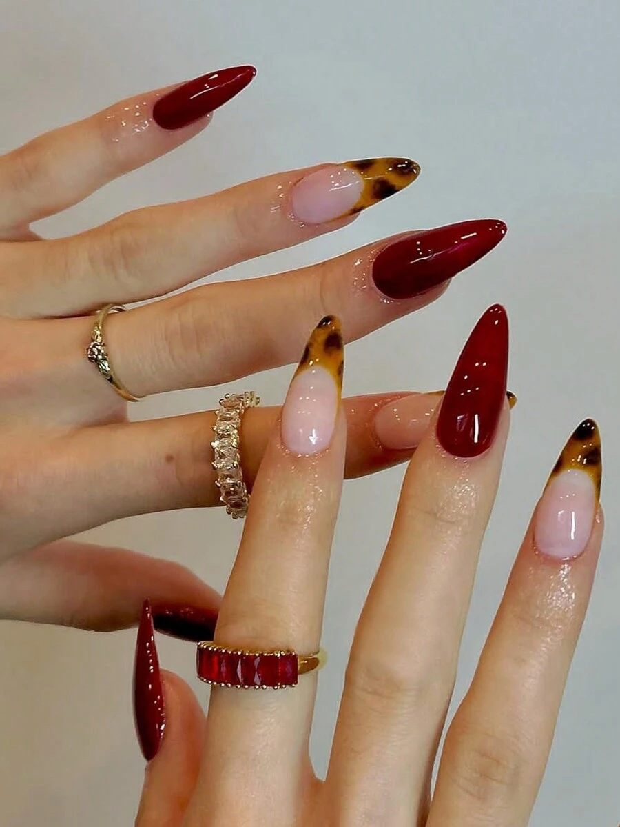 24 件装按压式长杏仁豹纹假指甲尖头丙烯酸指甲全覆盖设计假指甲套装，包含 1 件果冻胶和 1 件指甲锉，适用于女士和女孩的美甲装饰 - 彩色 - 查看 1