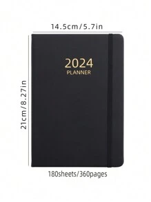 1pc A5 Size Thick Hardcover Notebook With Strap, 2024 English Planner With 180 Sheets (360 Pages) Thickened Schedule Book, Monthly Index Notebook And 365 Days Time Management Journal - Black - View 3