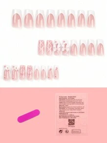 指尖的魅力與誘惑造型24片短款方形時尚簡約法式邊立體小花珍珠水晶蝴蝶結綁帶美甲穿戴甲、假指甲片、手指甲套裝,適合學生、辦公室女士、派對、舞會、日常佩戴 - 彩色 - 查看 2