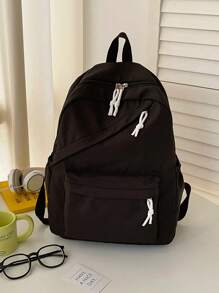 1 件装 简约纯色 女童背包 背包 青少年书包 旅行背包 休闲背包 - 黑色 - 查看 1