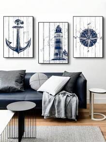 3pcs Retro Màu nước Ngọn hải đăng La bàn Áp phích Không có Khung Không thấm nước Dầu tranh sơn dầu Tác phẩm nghệ thuật Hình chữ nhật Hình dạng Trang trí tường Đối với Phòng khách Học tập Phòng ngủ - Nhiều màu - Xem 1