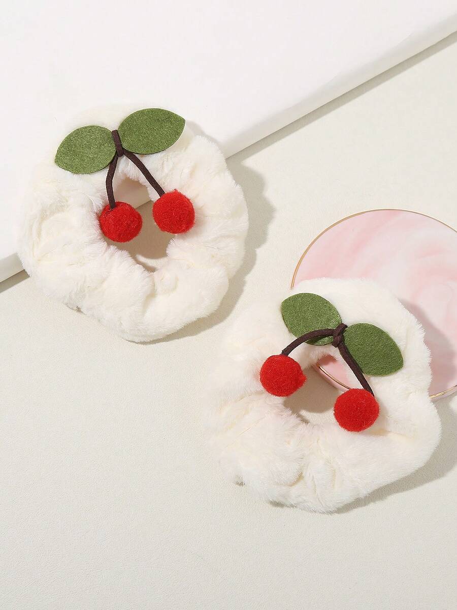2pcs Cute Cherry Decor Plush Hair Scrunchie - Beige - View 1
