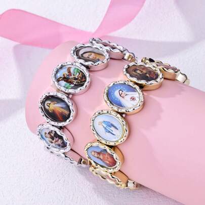 1pc Mixed Catholic Christian Images Elastic Bracelet With Ccb Plastic Material, Featuring Mary, Jesus, Angels, And Judah