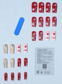 24 件圣诞按压指甲 L 方形假指甲红色法式尖头丙烯酸指甲可爱麋鹿雪花全覆盖圣诞帽假指甲套装，包含 1 件果冻胶和 1 件指甲锉，冬季圣诞节美甲装饰，适合女性女孩 - 彩色 - 查看 2