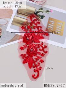 Bnh3757 手工制作 3d 刺繡亮片珠子蕾絲網狀熱轉印花應用於 Diy 服裝裝飾,產品尺寸:長 30 公分,寬 13 公分 - 大紅色 - 查看 2
